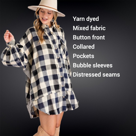 EASEL "Picnic Flannel" Oversize Cotton Shirt Dress Wide Sleeve Pockets Raw Seams - Picture 3 of 15
